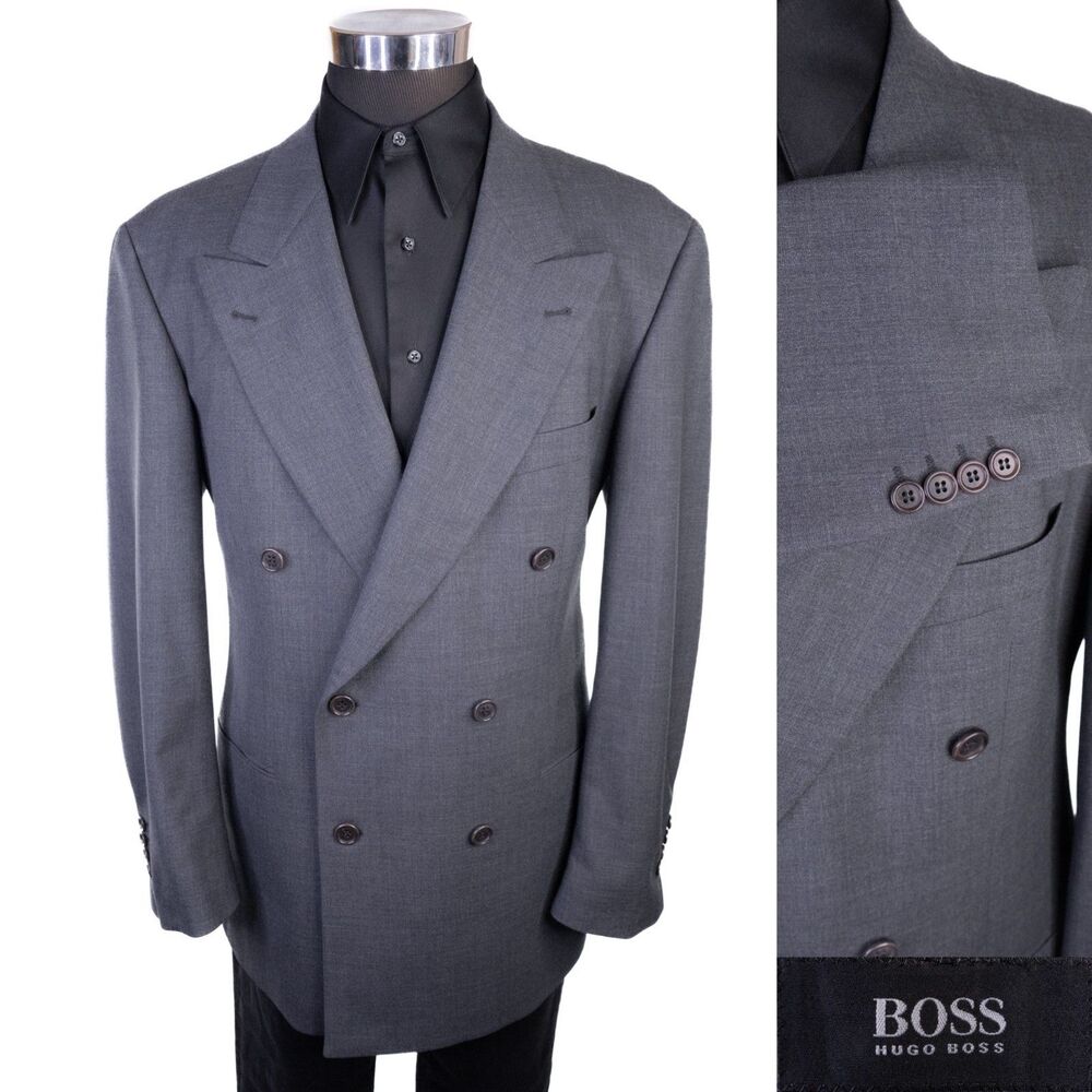 Hugo Boss CELCIUS/OMEGA Double Breasted Blazer Sz 42R Stretch Wool Solid Gray